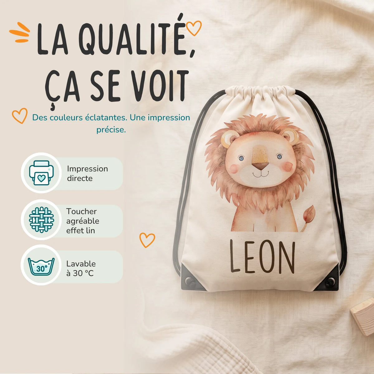 Sac de sport personnalisé, impression directe et lavage à 30 °C, motif lion — Kidsmood