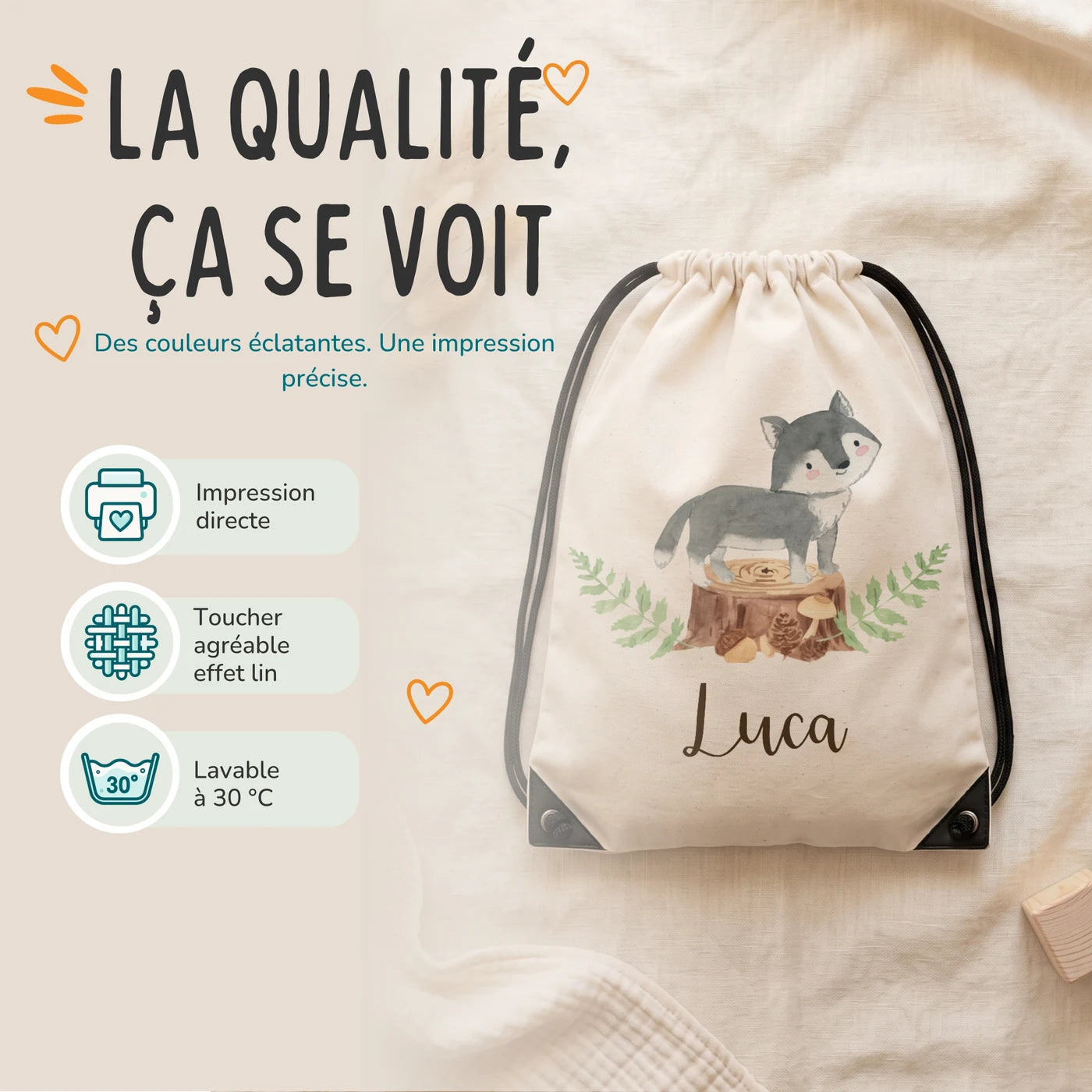 Sac de sport personnalisé, impression directe et lavage à 30 °C, motif loup — Kidsmood