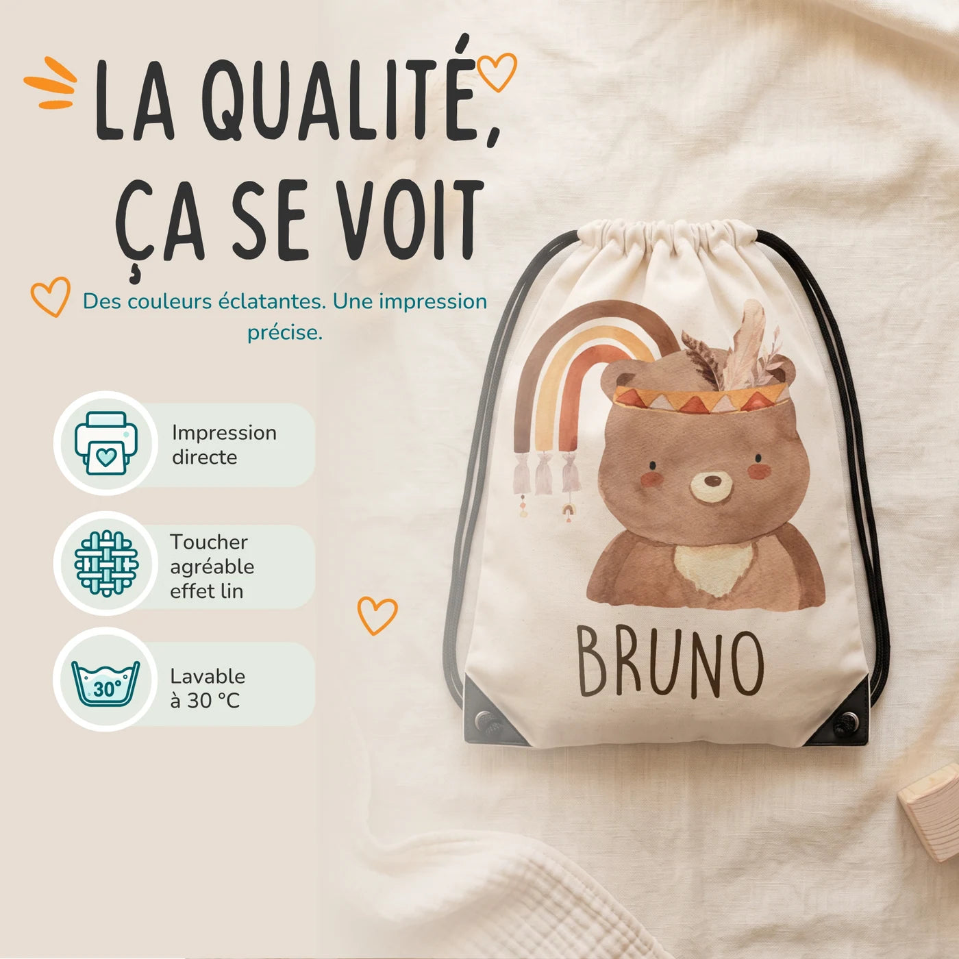 Sac de sport personnalisé, impression directe et lavage à 30 °C, motif ours bohème — Kidsmood