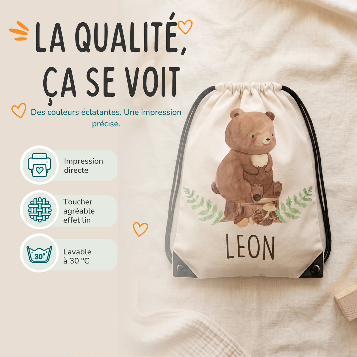 Sac de sport personnalisé, impression directe et lavage à 30 °C, motif ours des bois — Kidsmood
