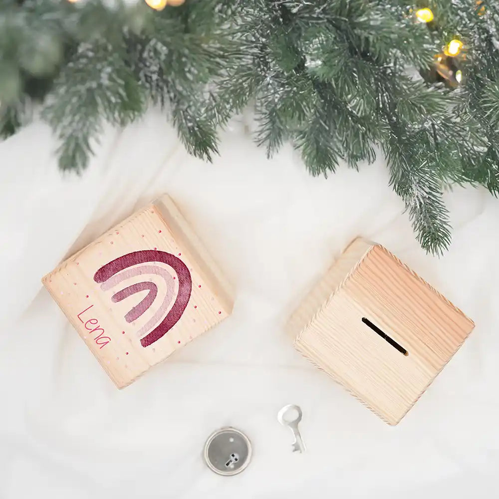 Tirelire en bois personnalisée, cadeau de Noël pour enfant, motif arc-en-ciel — Kidsmood