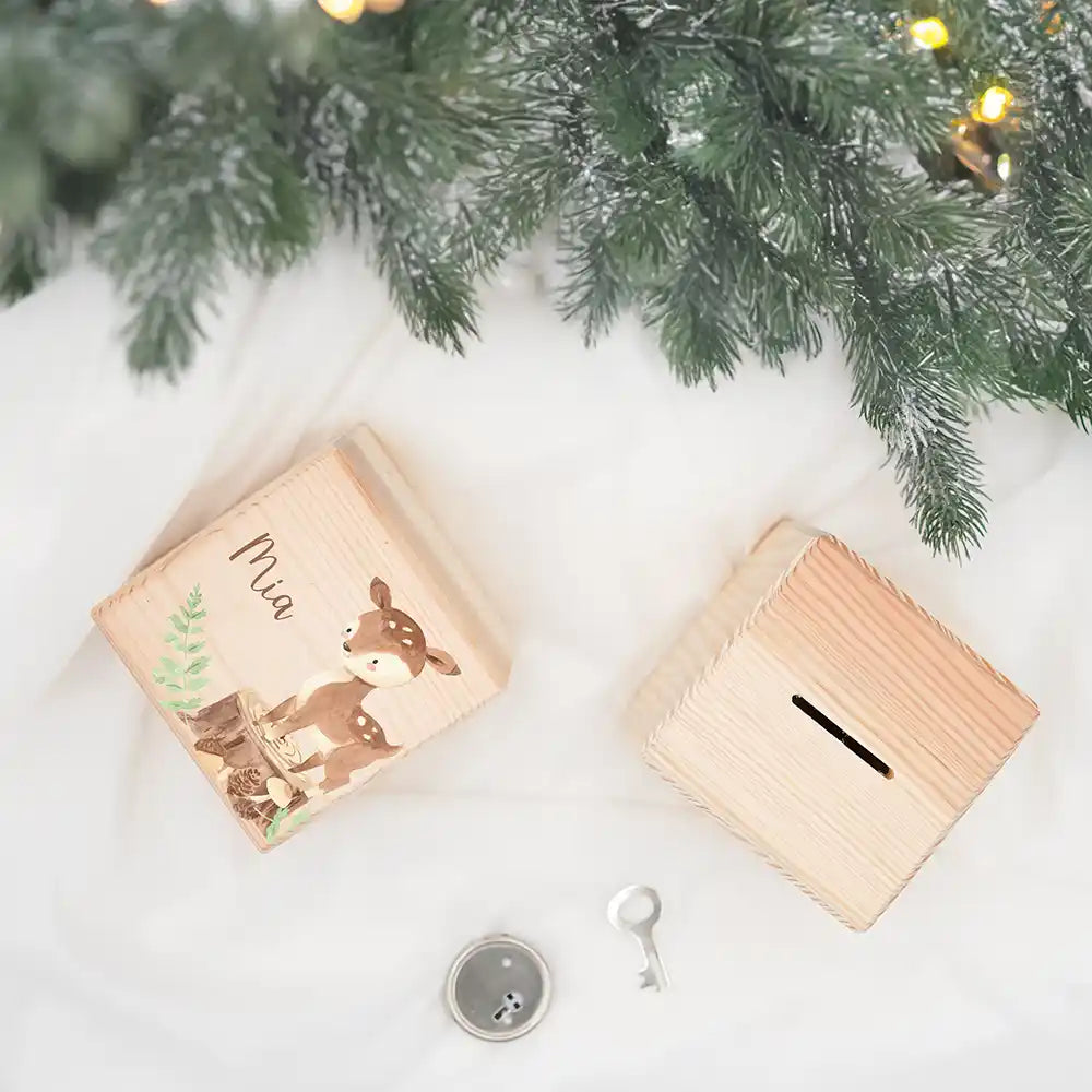 Tirelire en bois personnalisée, cadeau de Noël pour enfant, motif biche et faon — Kidsmood