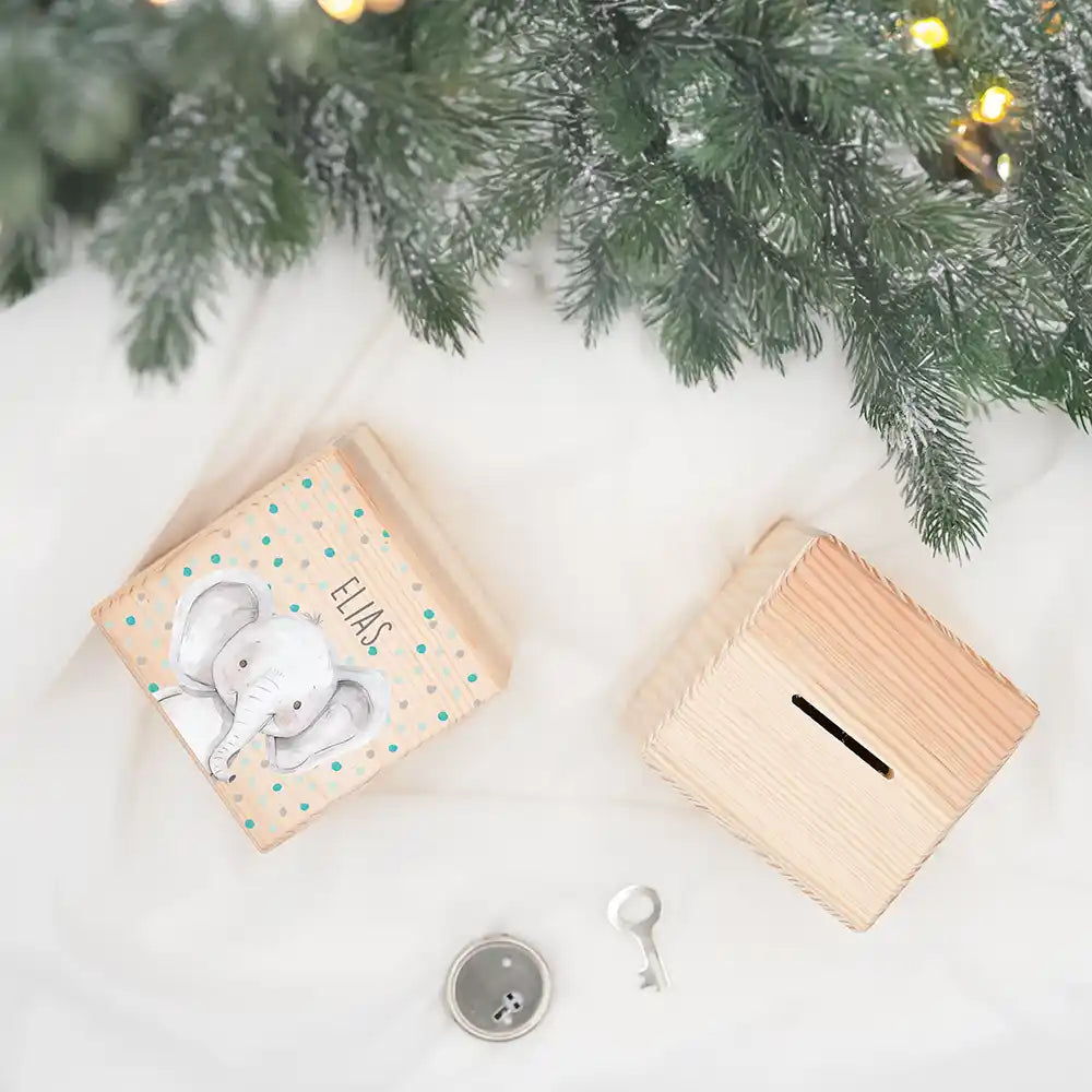 Tirelire en bois personnalisée, cadeau de Noël pour enfant, motif éléphant confettis — Kidsmood