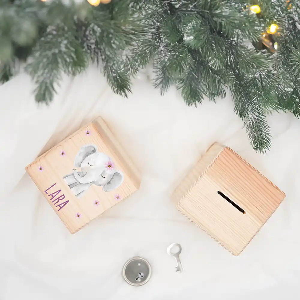 Tirelire en bois personnalisée, cadeau de Noël pour enfant, motif éléphant fleuri — Kidsmood