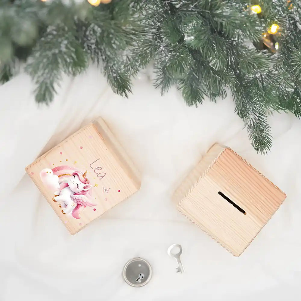Tirelire en bois personnalisée, cadeau de Noël pour enfant, motif licorne — Kidsmood