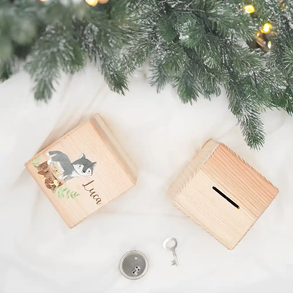 Tirelire en bois personnalisée, cadeau de Noël pour enfant, motif loup — Kidsmood