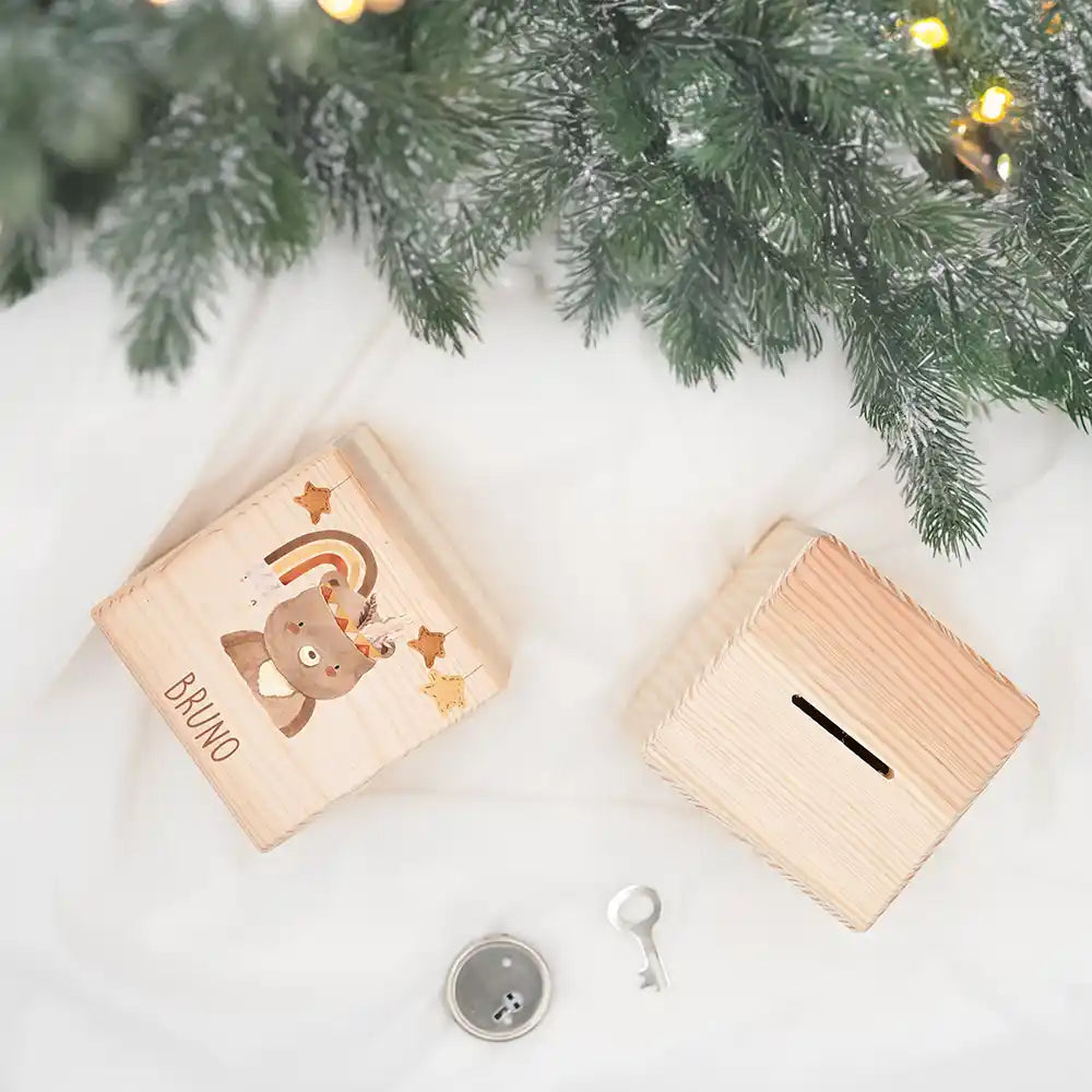 Tirelire en bois personnalisée, cadeau de Noël pour enfant, motif ours bohème — Kidsmood