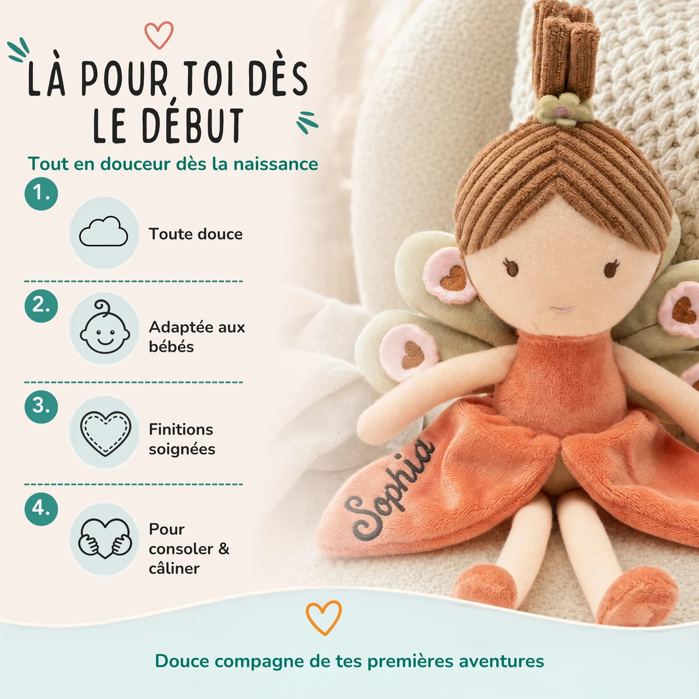 Peluche fée coloris Corail aux finitions soignées pour les tout-petits — Kidsmood