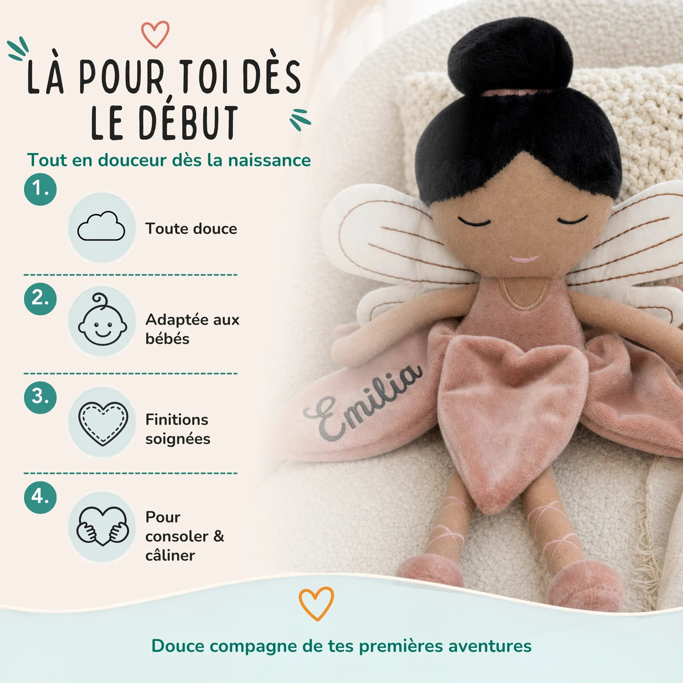 Peluche fée coloris Rosé aux finitions soignées pour les tout-petits — Kidsmood