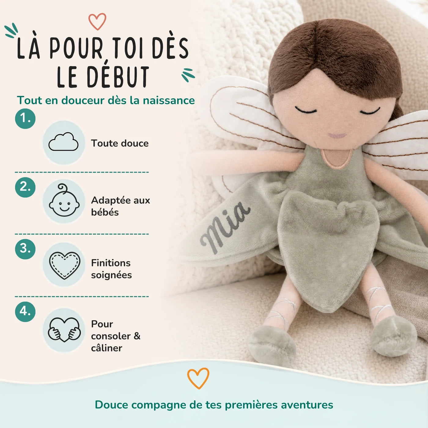Peluche fée coloris Sauge aux finitions soignées pour les tout-petits — Kidsmood