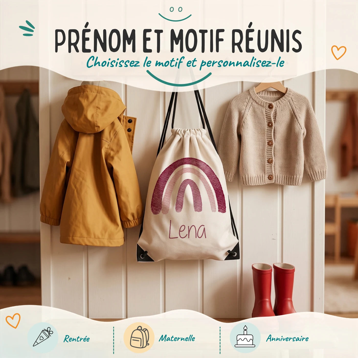 Sac de sport enfant avec prénom et motif au choix, motif arc-en-ciel — Kidsmood