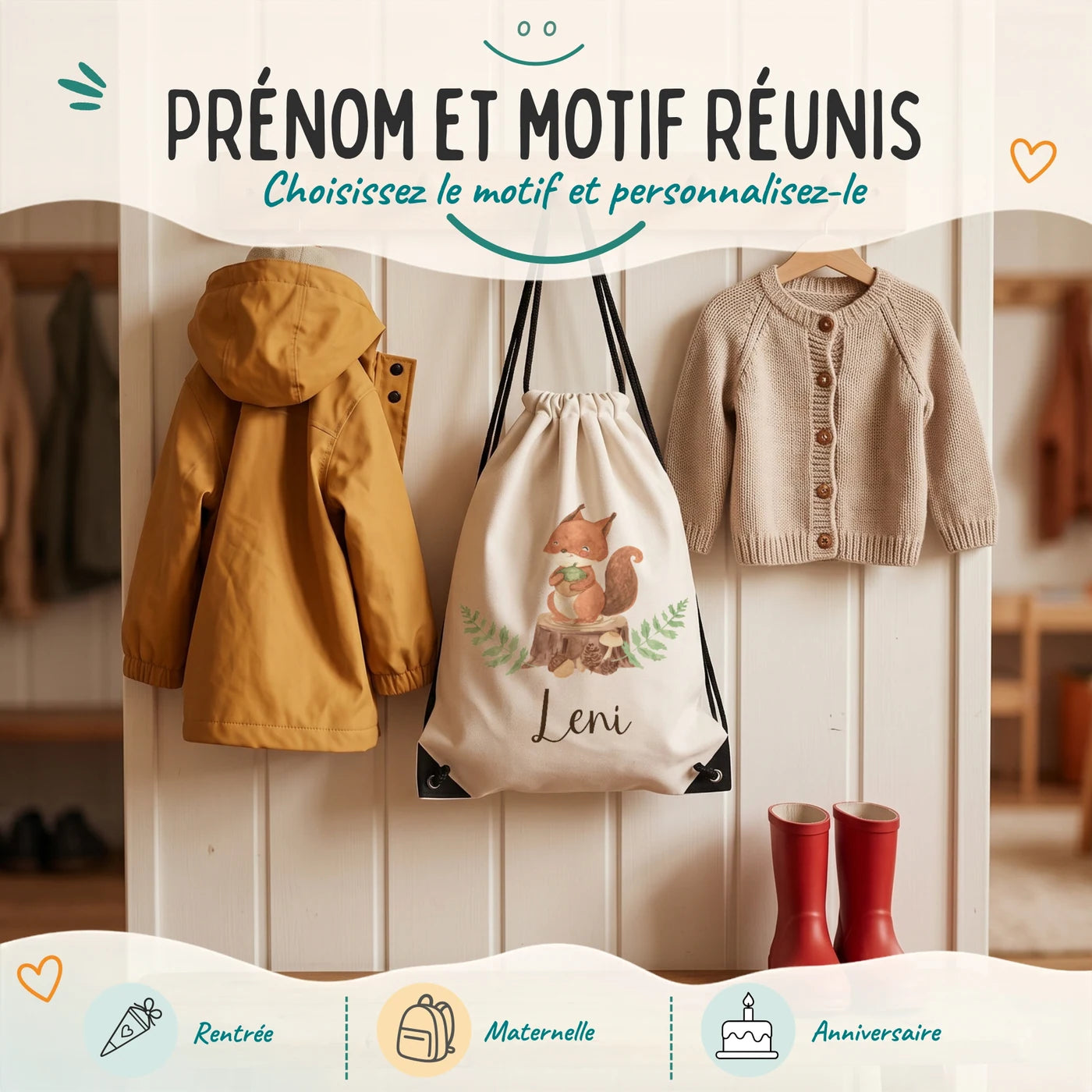 Sac de sport enfant avec prénom et motif au choix, motif écureuil — Kidsmood