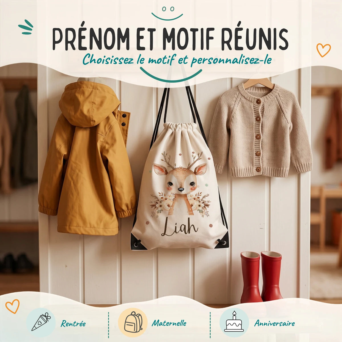 Sac de sport enfant avec prénom et motif au choix, motif faon fleuri — Kidsmood
