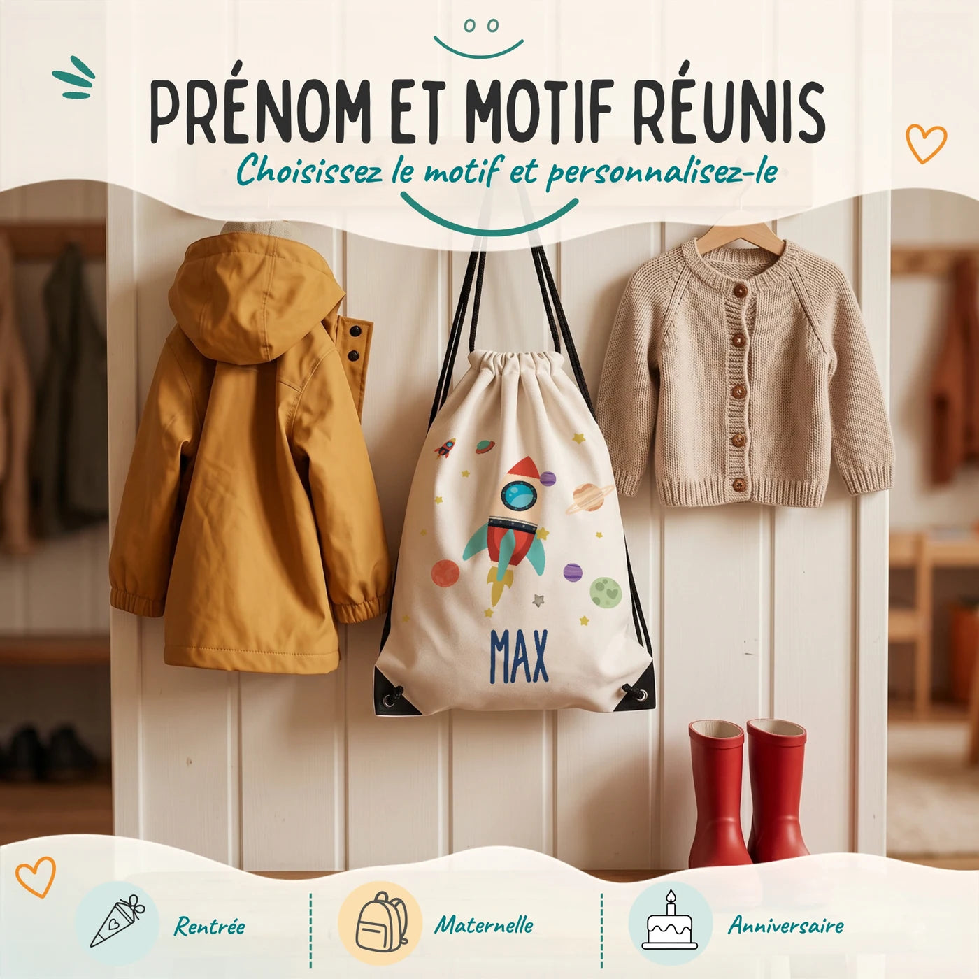 Sac de sport enfant avec prénom et motif au choix, motif fusée spatiale — Kidsmood