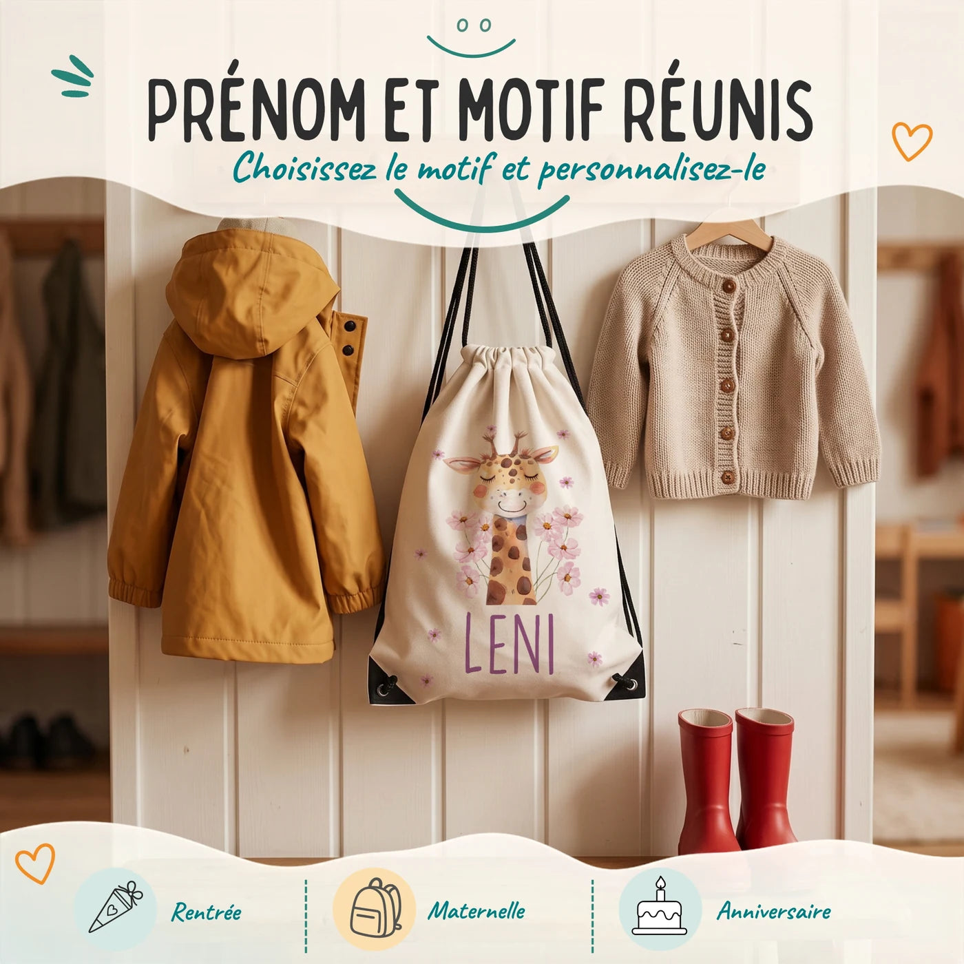 Sac de sport enfant avec prénom et motif au choix, motif girafe — Kidsmood