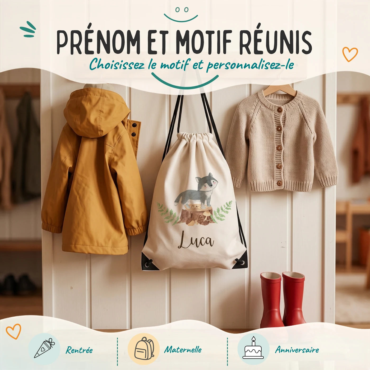 Sac de sport enfant avec prénom et motif au choix, motif loup — Kidsmood
