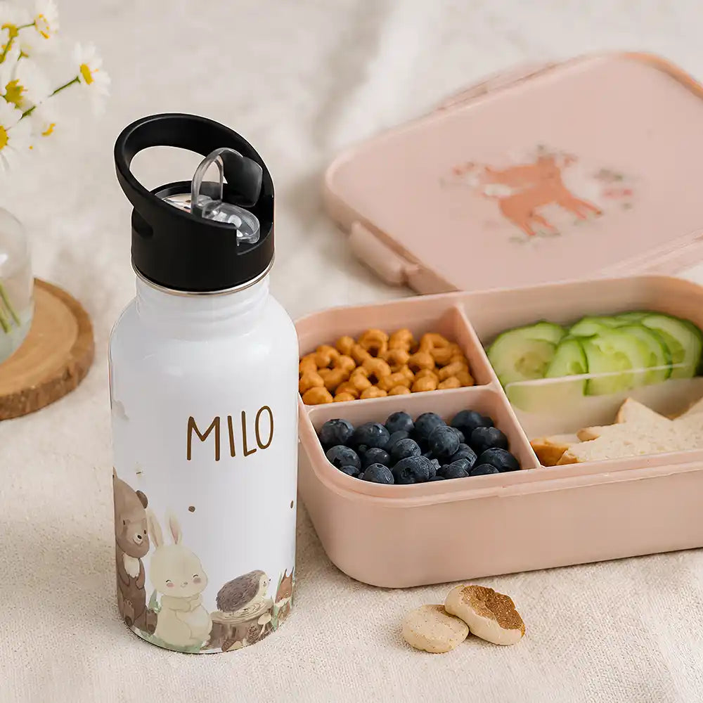 Gourde personnalisée motif Animaux de la forêt à côté d'une boîte à goûter — Kidsmood