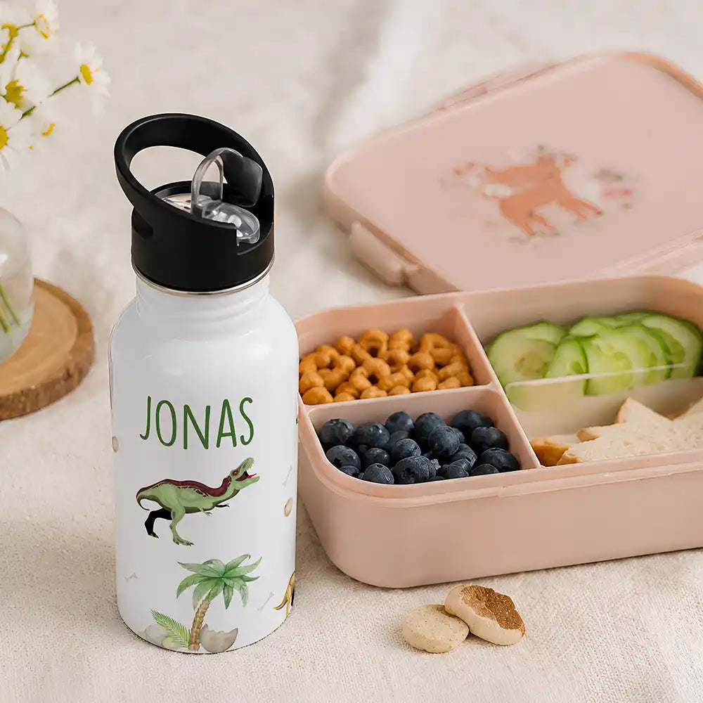 Gourde personnalisée motif Dinosaures de la jungle à côté d'une boîte à goûter — Kidsmood