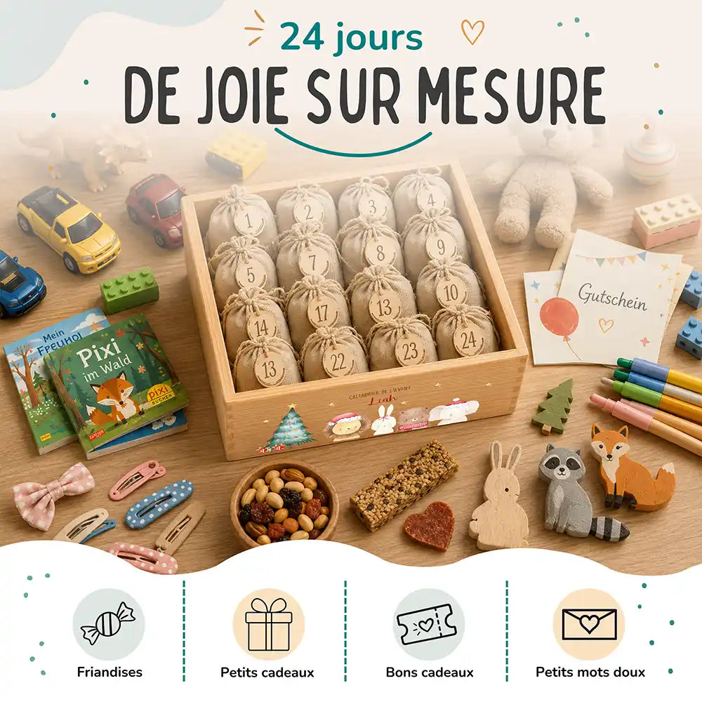 Calendrier de l'avent personnalisé, motif Bonnets rouges — Idées à glisser dans les sachets | Kidsmood