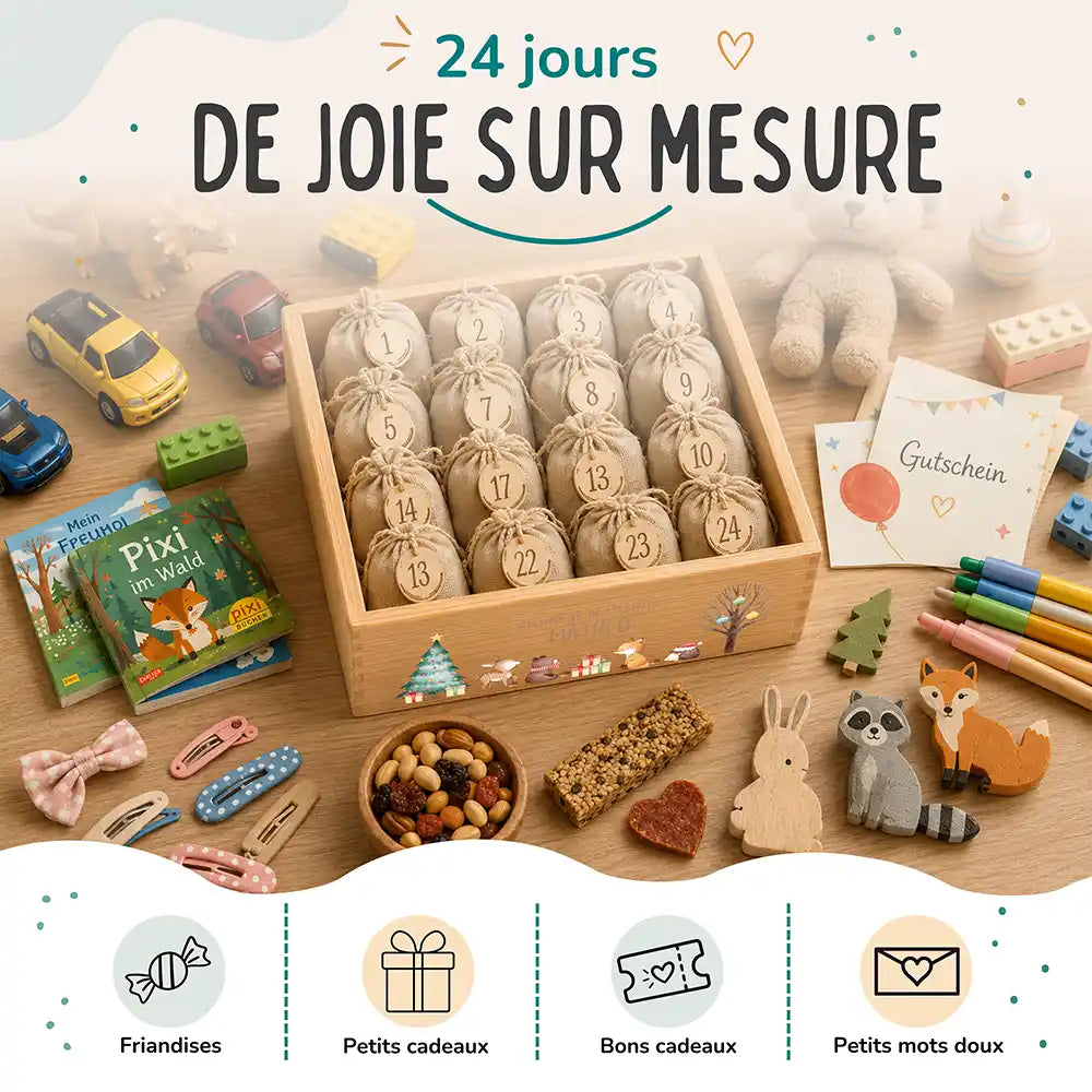 Calendrier de l'avent personnalisé, motif Faon et cadeaux — Idées à glisser dans les sachets | Kidsmood