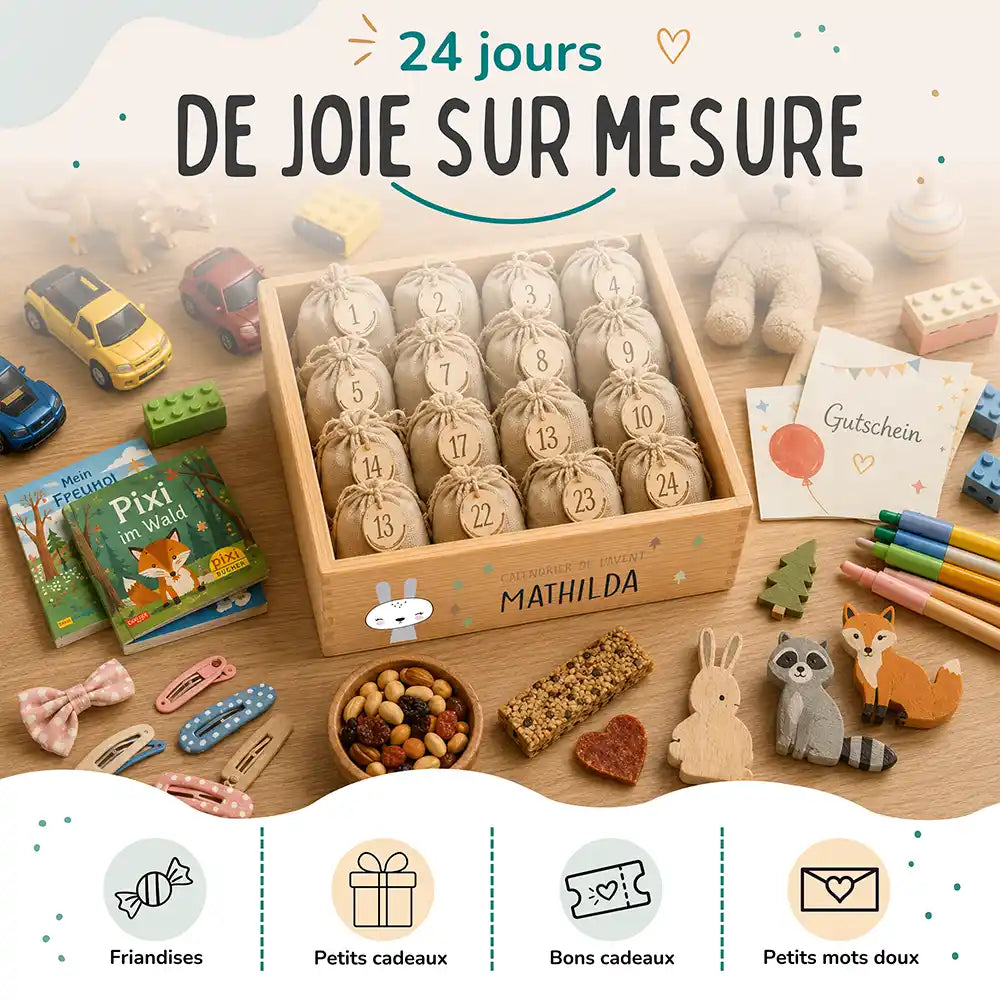 Calendrier de l'avent personnalisé, motif Lapin blanc — Idées à glisser dans les sachets | Kidsmood