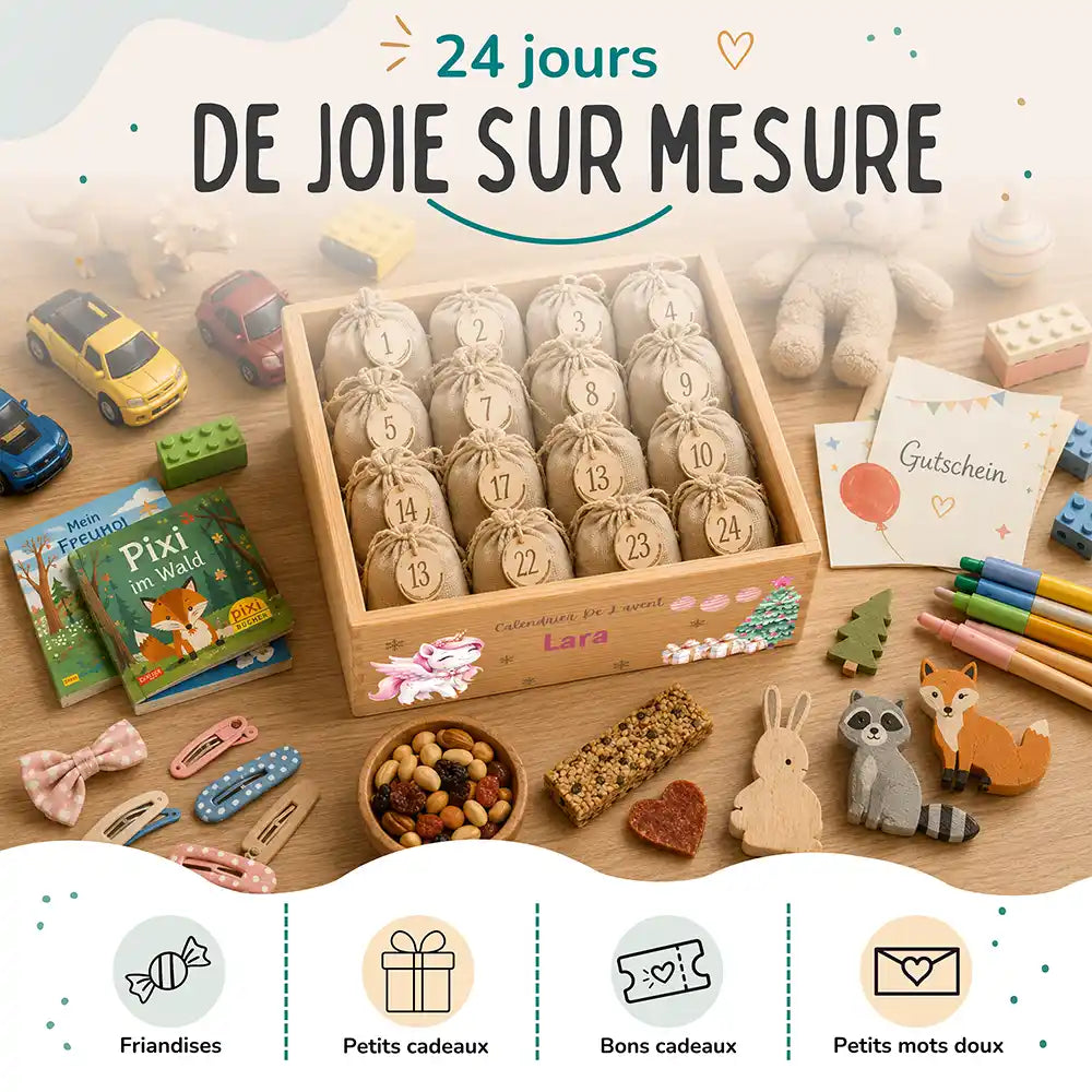 Calendrier de l'avent personnalisé, motif Licorne de Noël — Idées à glisser dans les sachets | Kidsmood