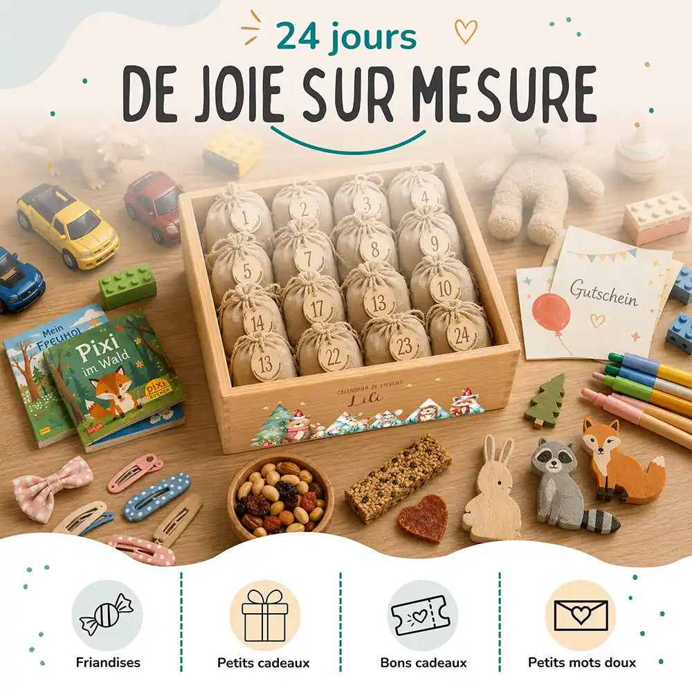 Calendrier de l'avent personnalisé, motif Montagnes enneigées — Idées à glisser dans les sachets | Kidsmood