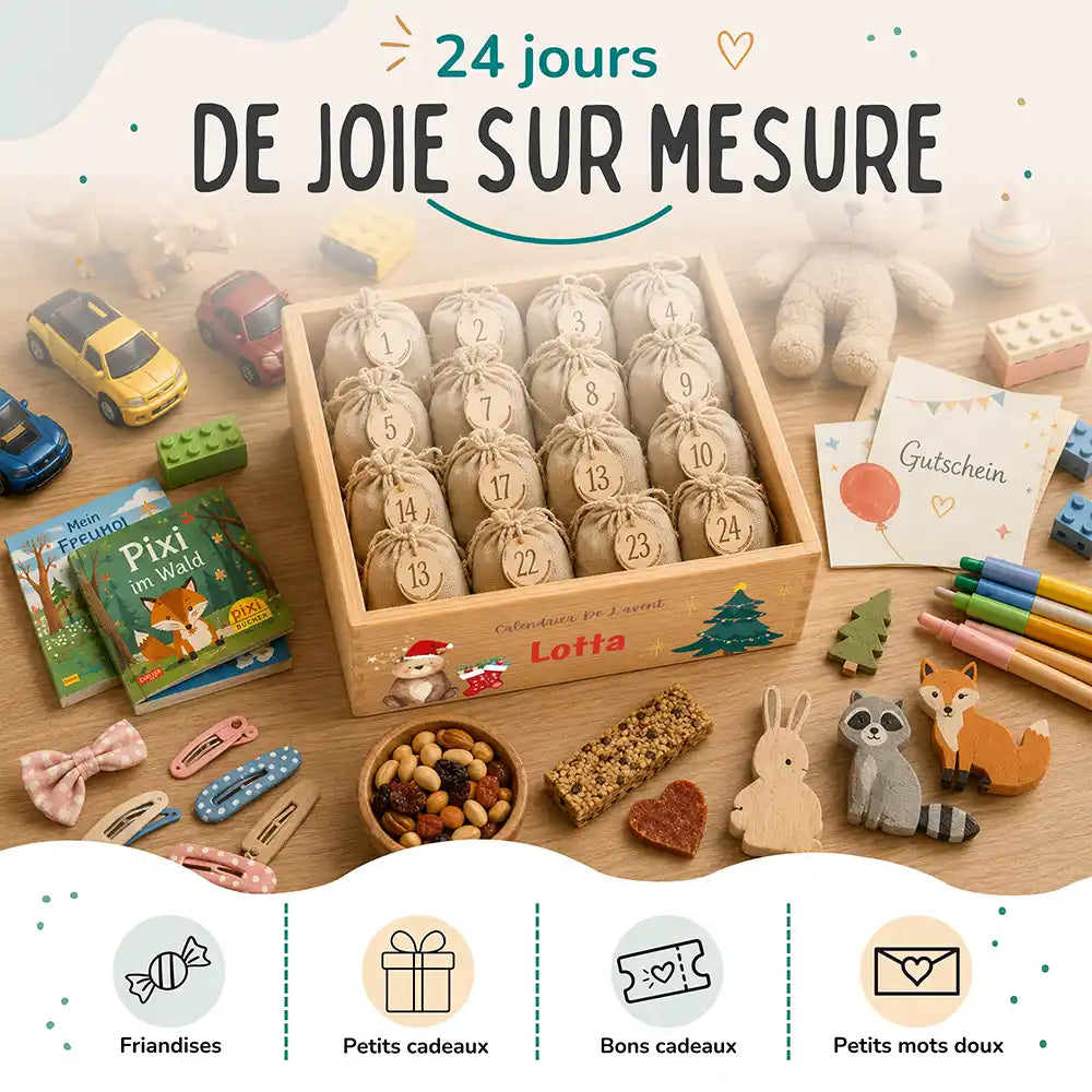 Calendrier de l'avent personnalisé, motif Ours et chaussettes — Idées à glisser dans les sachets | Kidsmood