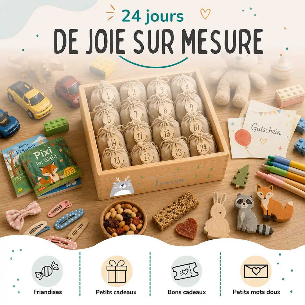 Calendrier de l'avent personnalisé, motif Ours gris — Idées à glisser dans les sachets | Kidsmood