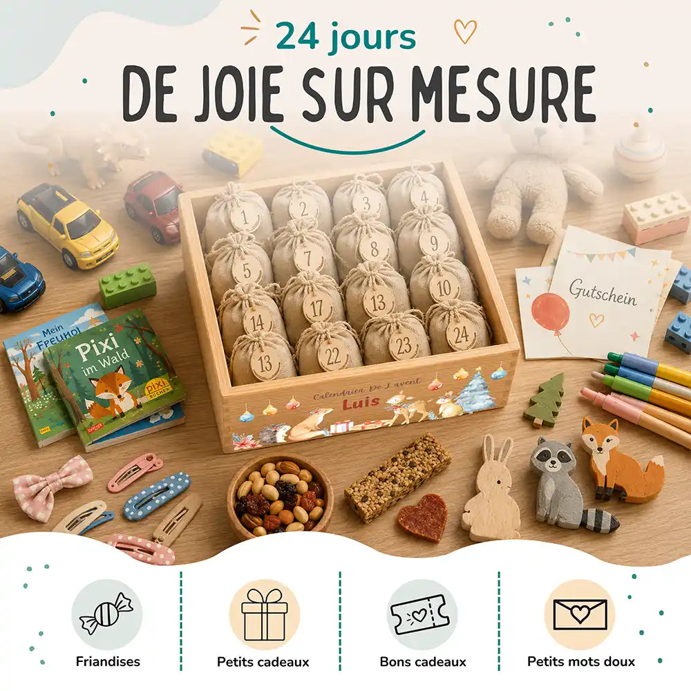 Calendrier de l'avent personnalisé, motif Renard doré — Idées à glisser dans les sachets | Kidsmood