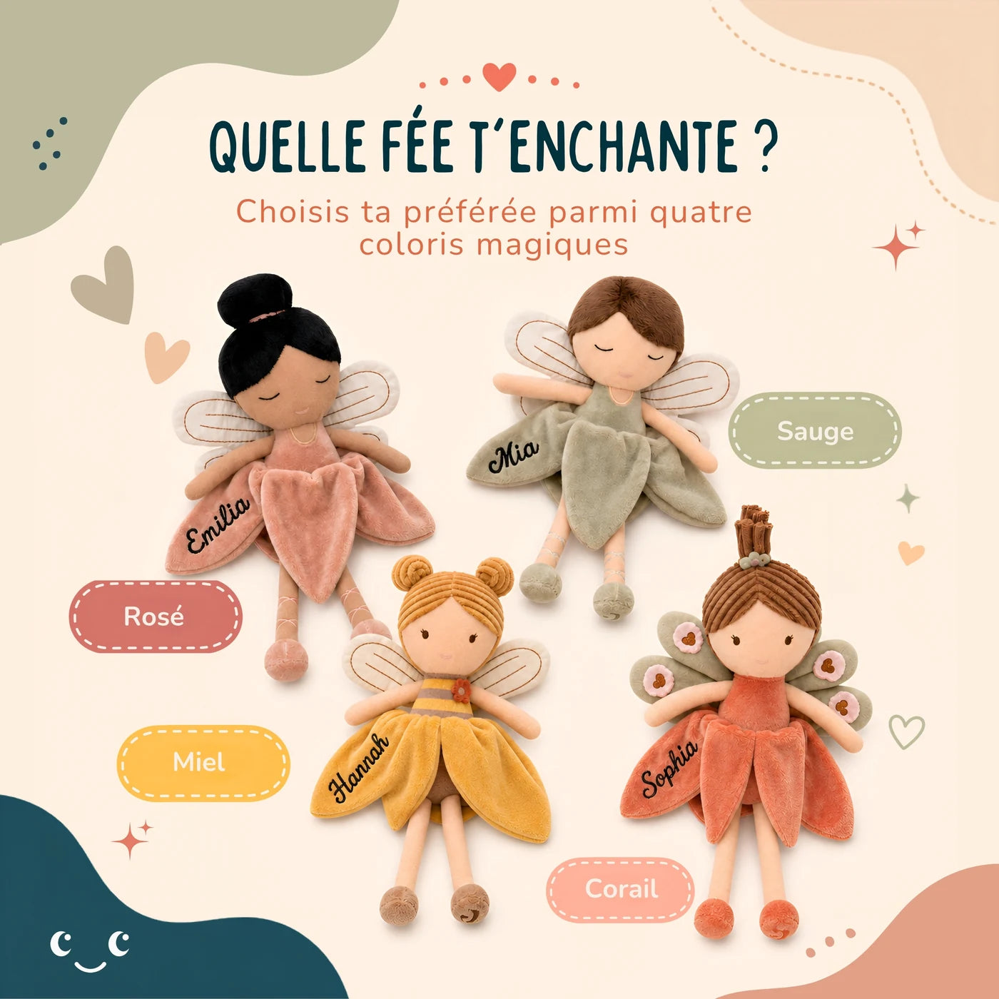 Quatre coloris de peluche fée Jollein au choix : Rosé, Sauge, Miel et Corail — Kidsmood