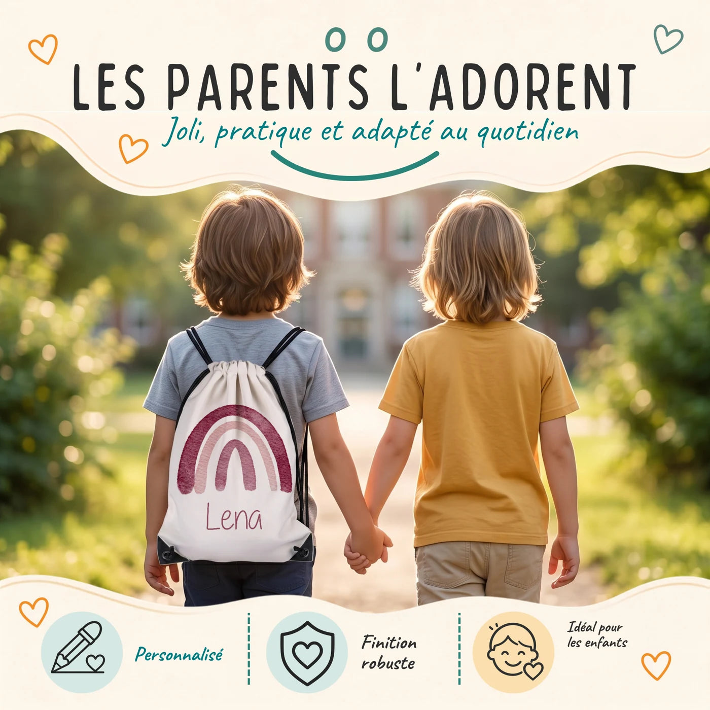 Deux enfants avec leur sac de sport personnalisé sur le chemin de l'école, motif arc-en-ciel — Kidsmood