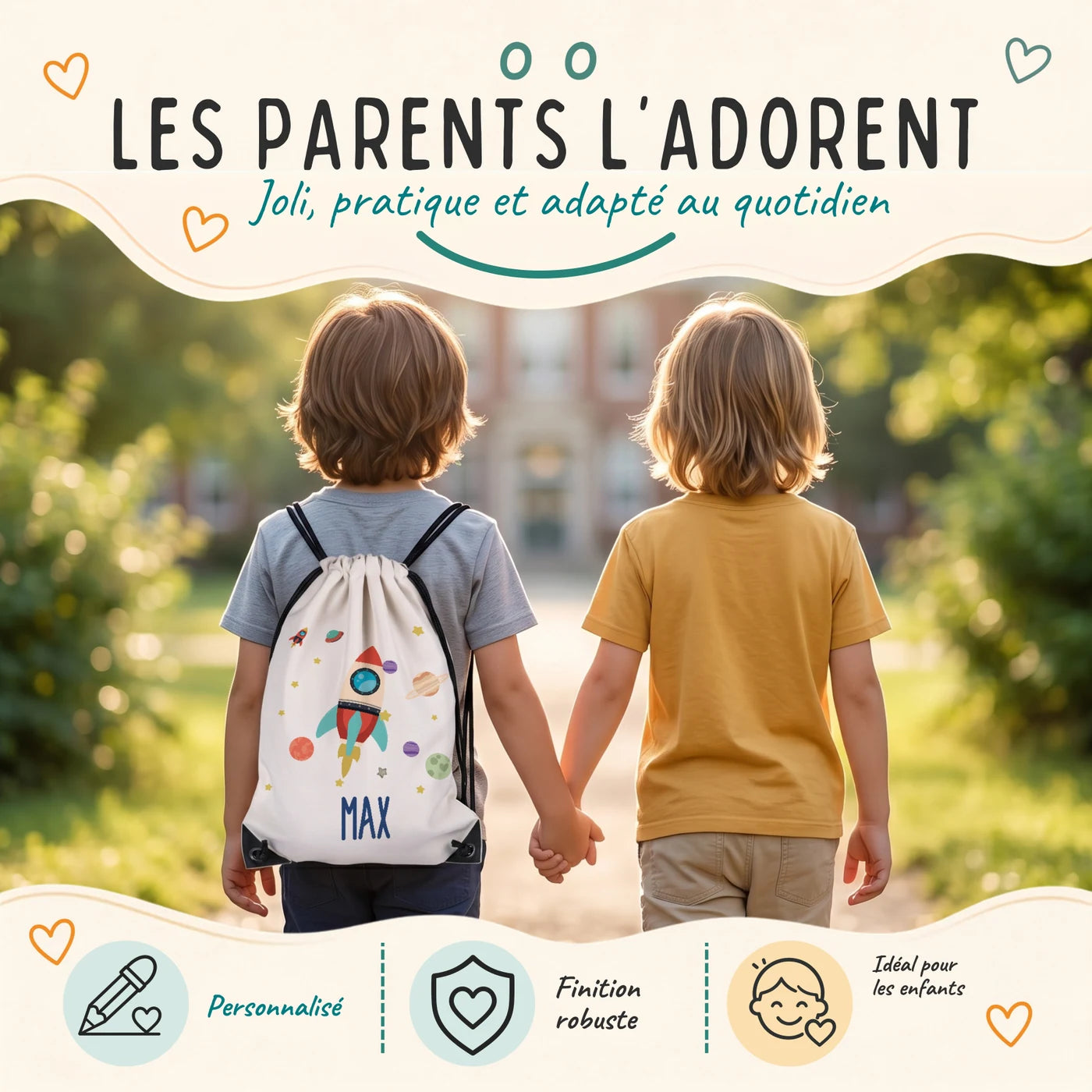 Deux enfants avec leur sac de sport personnalisé sur le chemin de l'école, motif fusée spatiale — Kidsmood