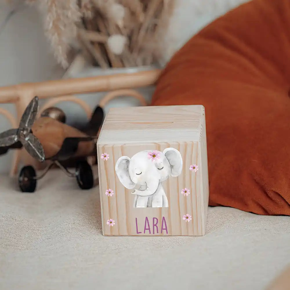 Tirelire en bois pour enfant en décoration de chambre, motif éléphant fleuri — Kidsmood
