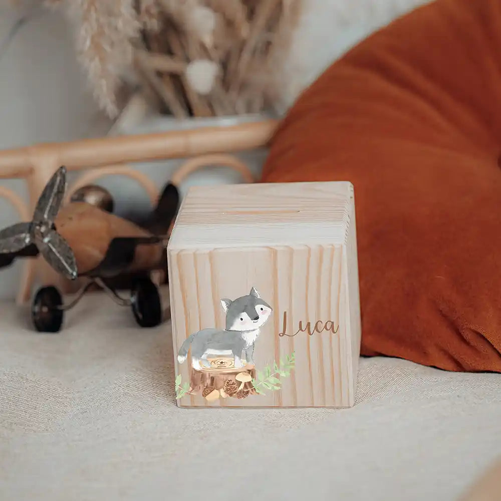 Tirelire en bois pour enfant en décoration de chambre, motif loup — Kidsmood