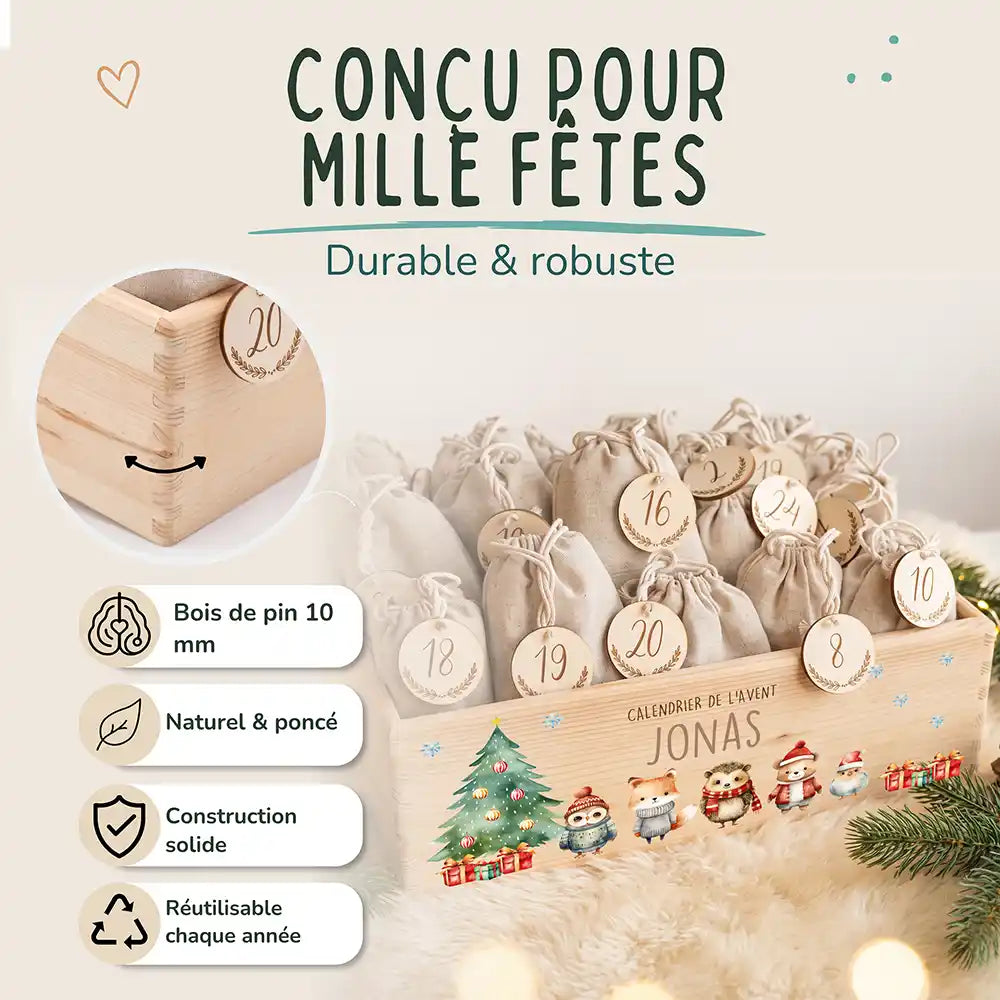 Calendrier de l'avent personnalisé, motif Amis de la forêt — Bois de pin de 10 mm | Kidsmood