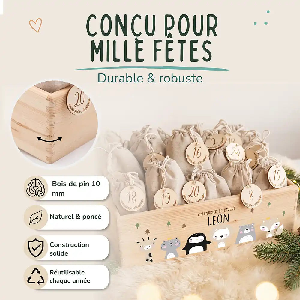 Calendrier de l'avent personnalisé, motif Amis du monde — Bois de pin de 10 mm | Kidsmood