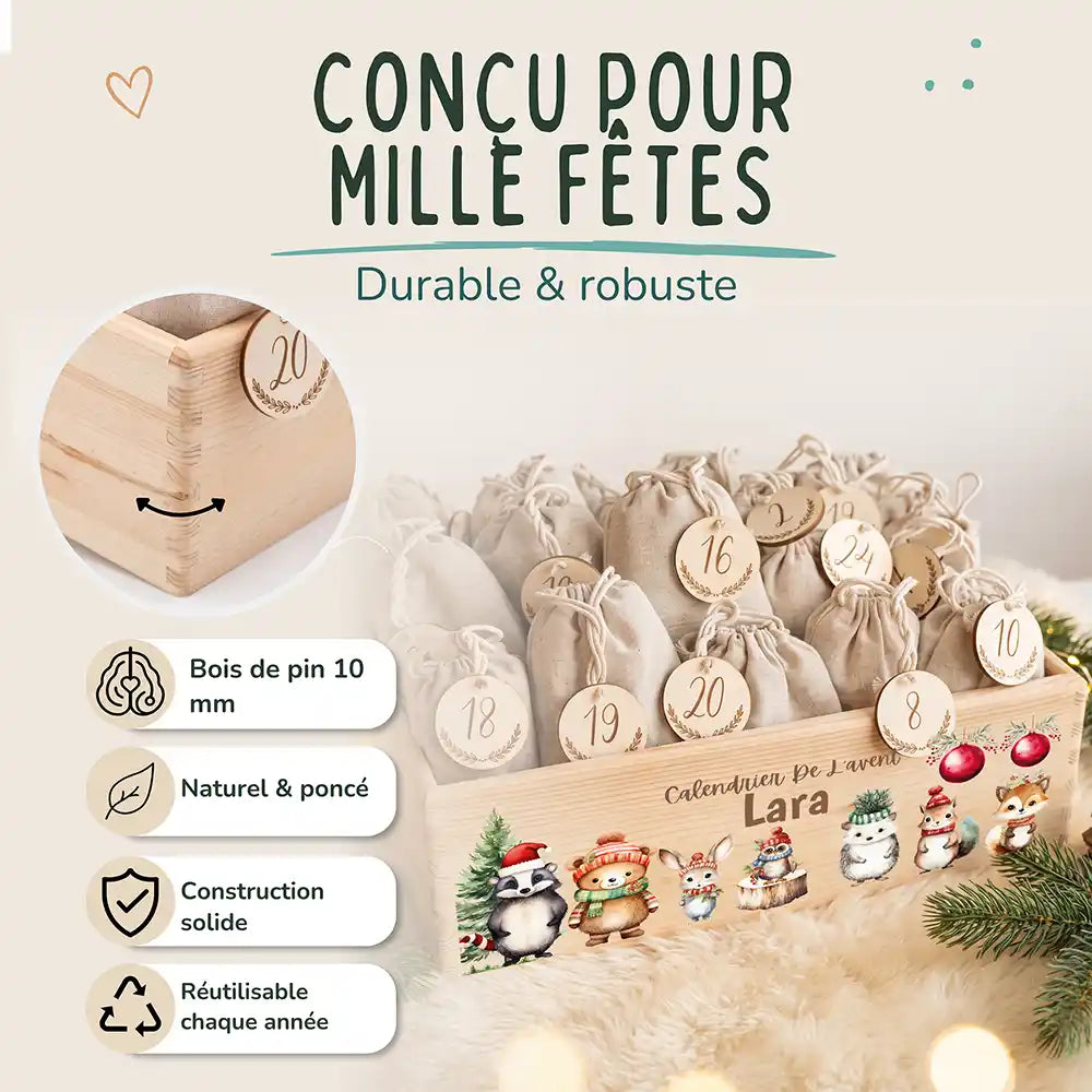Calendrier de l'avent personnalisé, motif Blaireau et amis — Bois de pin de 10 mm | Kidsmood