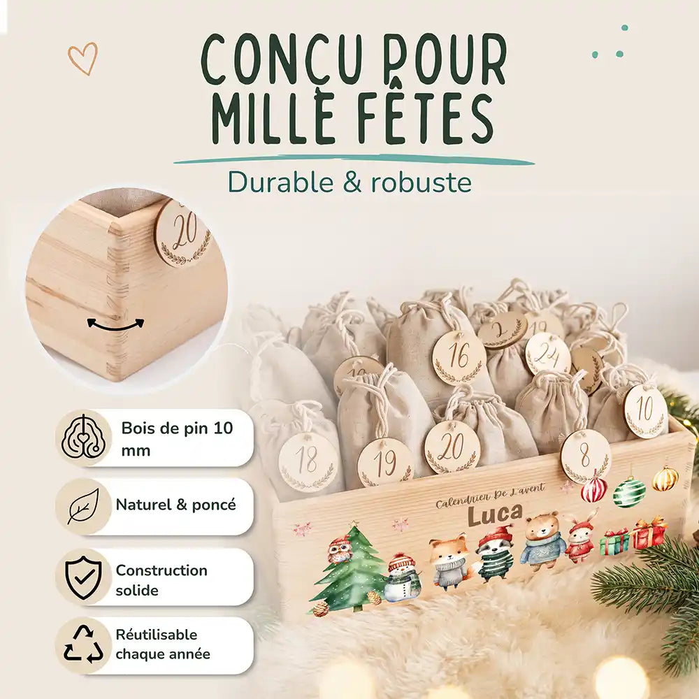 Calendrier de l'avent personnalisé, motif Bonhomme de neige — Bois de pin de 10 mm | Kidsmood