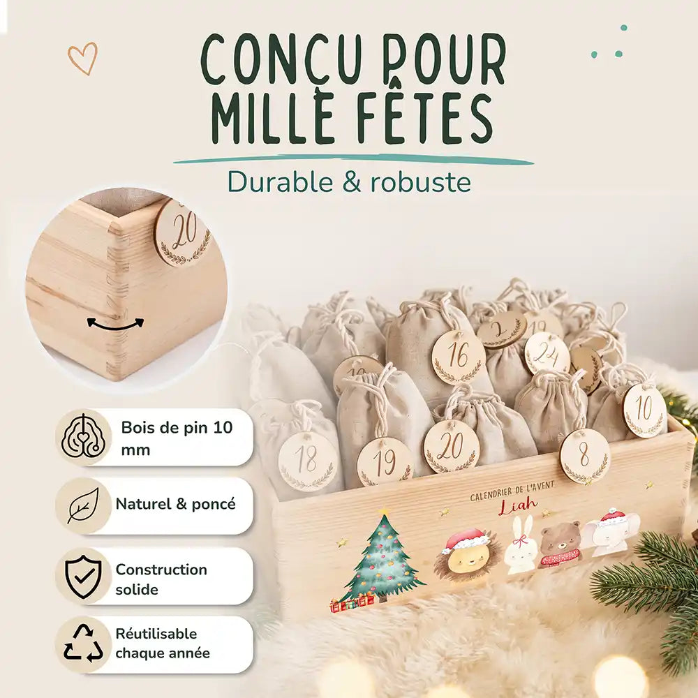 Calendrier de l'avent personnalisé, motif Bonnets rouges — Bois de pin de 10 mm | Kidsmood