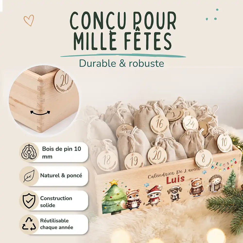 Calendrier de l'avent personnalisé, motif Chien et chat — Bois de pin de 10 mm | Kidsmood
