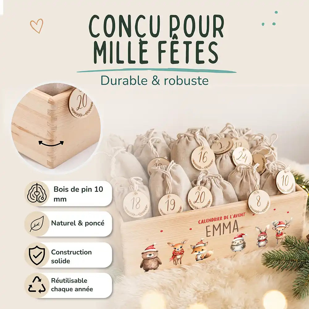 Calendrier de l'avent personnalisé, motif Défilé en bonnets — Bois de pin de 10 mm | Kidsmood