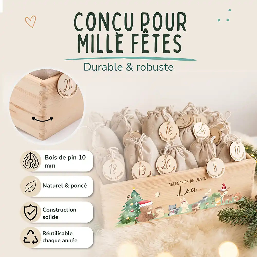 Calendrier de l'avent personnalisé, motif Famille de la forêt — Bois de pin de 10 mm | Kidsmood