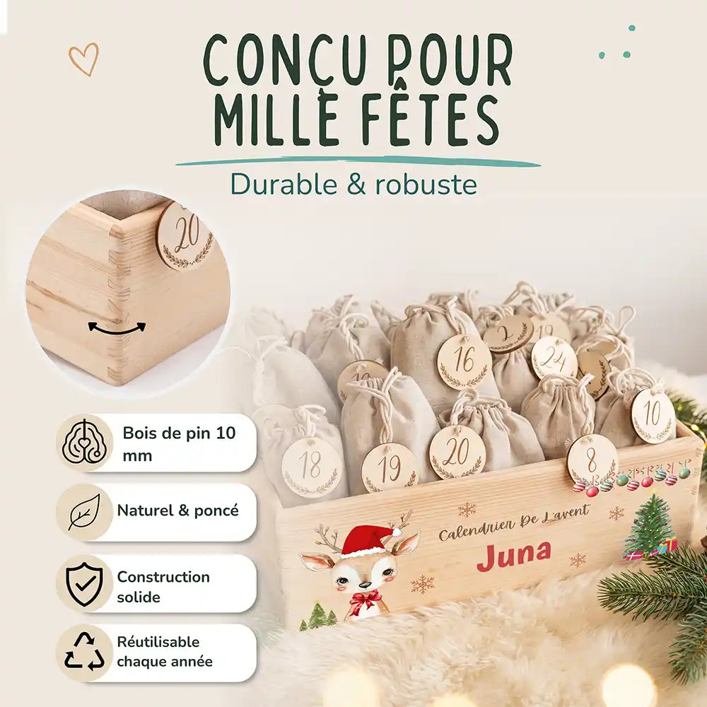 Calendrier de l'avent personnalisé, motif Faon en bonnet — Bois de pin de 10 mm | Kidsmood