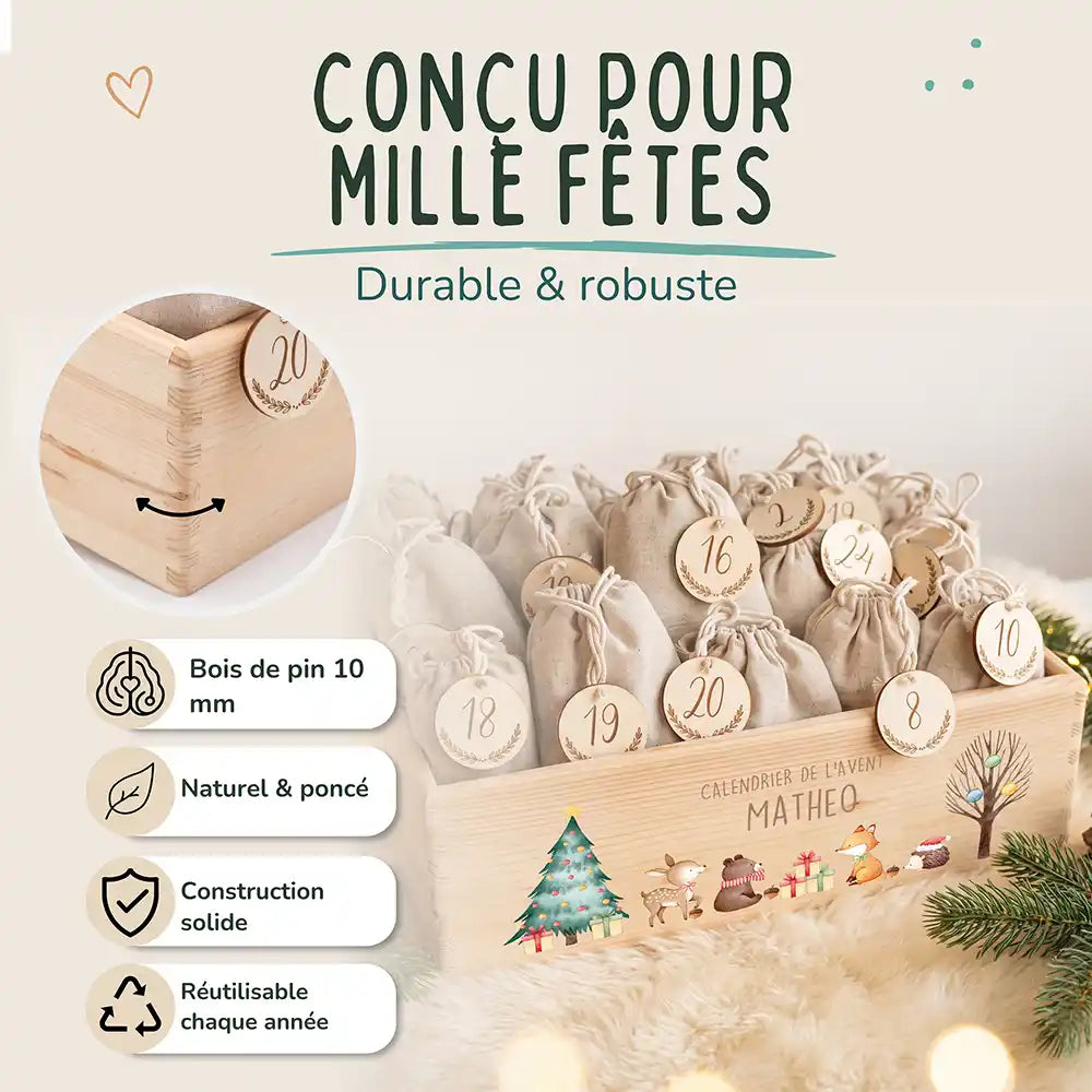 Calendrier de l'avent personnalisé, motif Faon et cadeaux — Bois de pin de 10 mm | Kidsmood