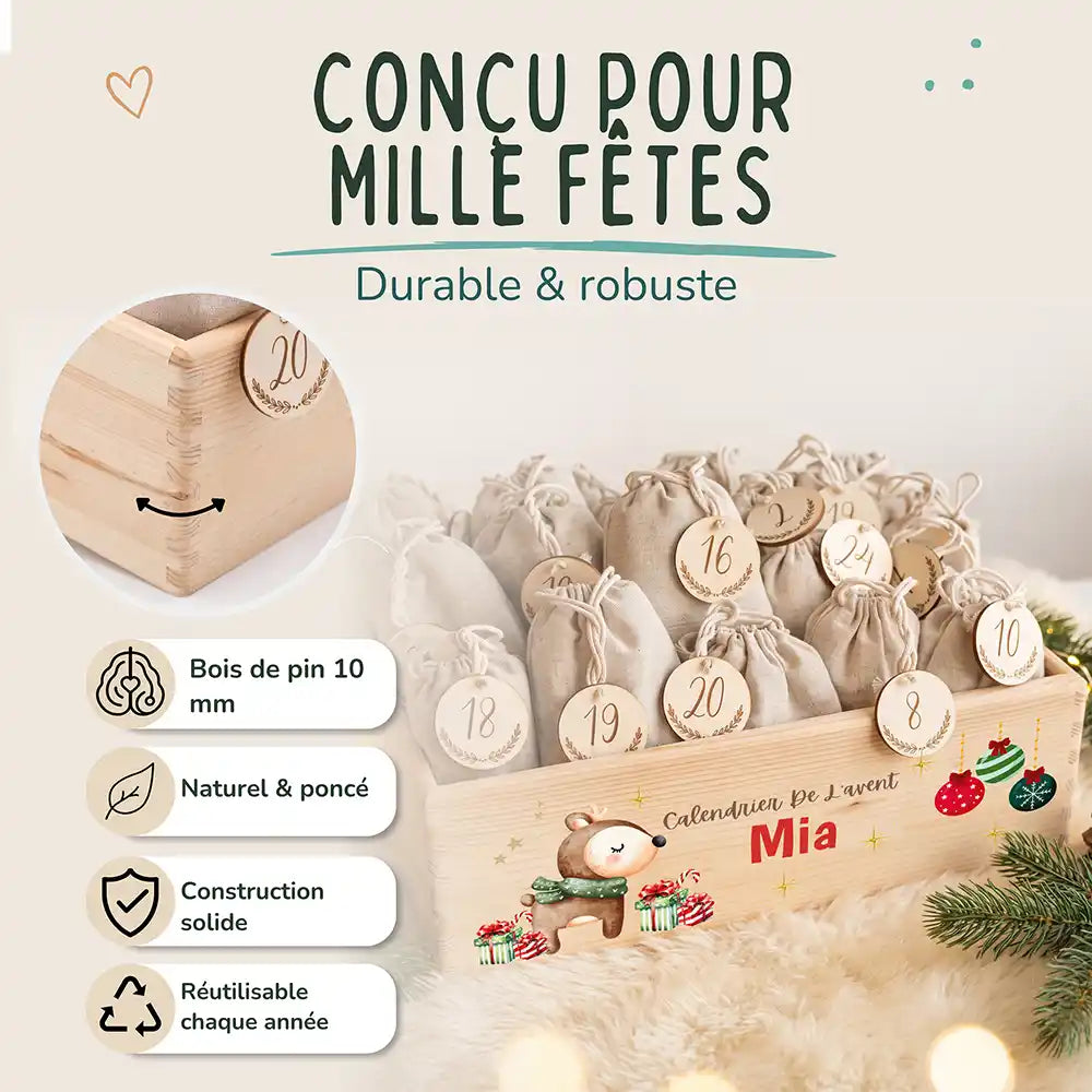 Calendrier de l'avent personnalisé, motif Faon au foulard — Bois de pin de 10 mm | Kidsmood