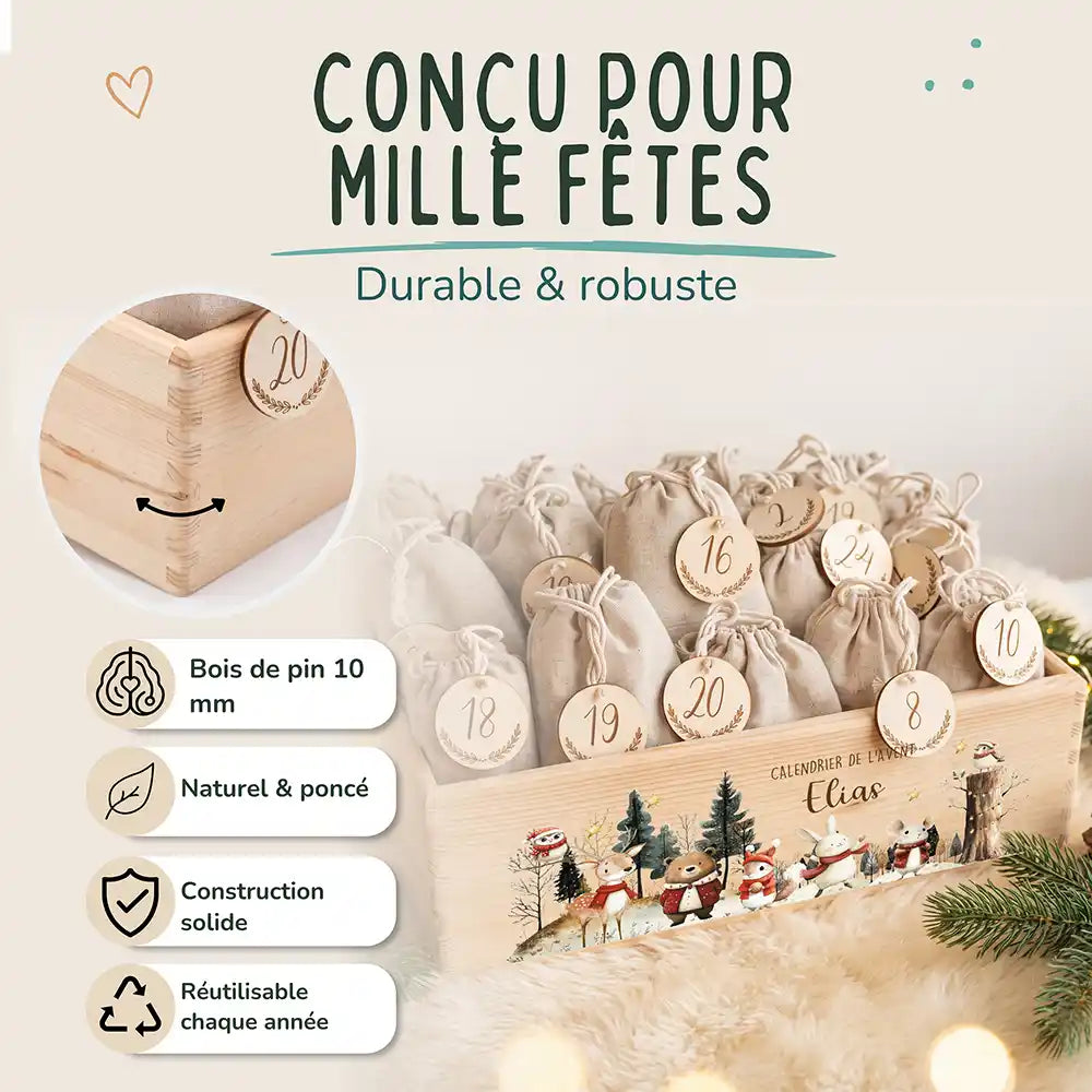 Calendrier de l'avent personnalisé, motif Forêt enneigée — Bois de pin de 10 mm | Kidsmood