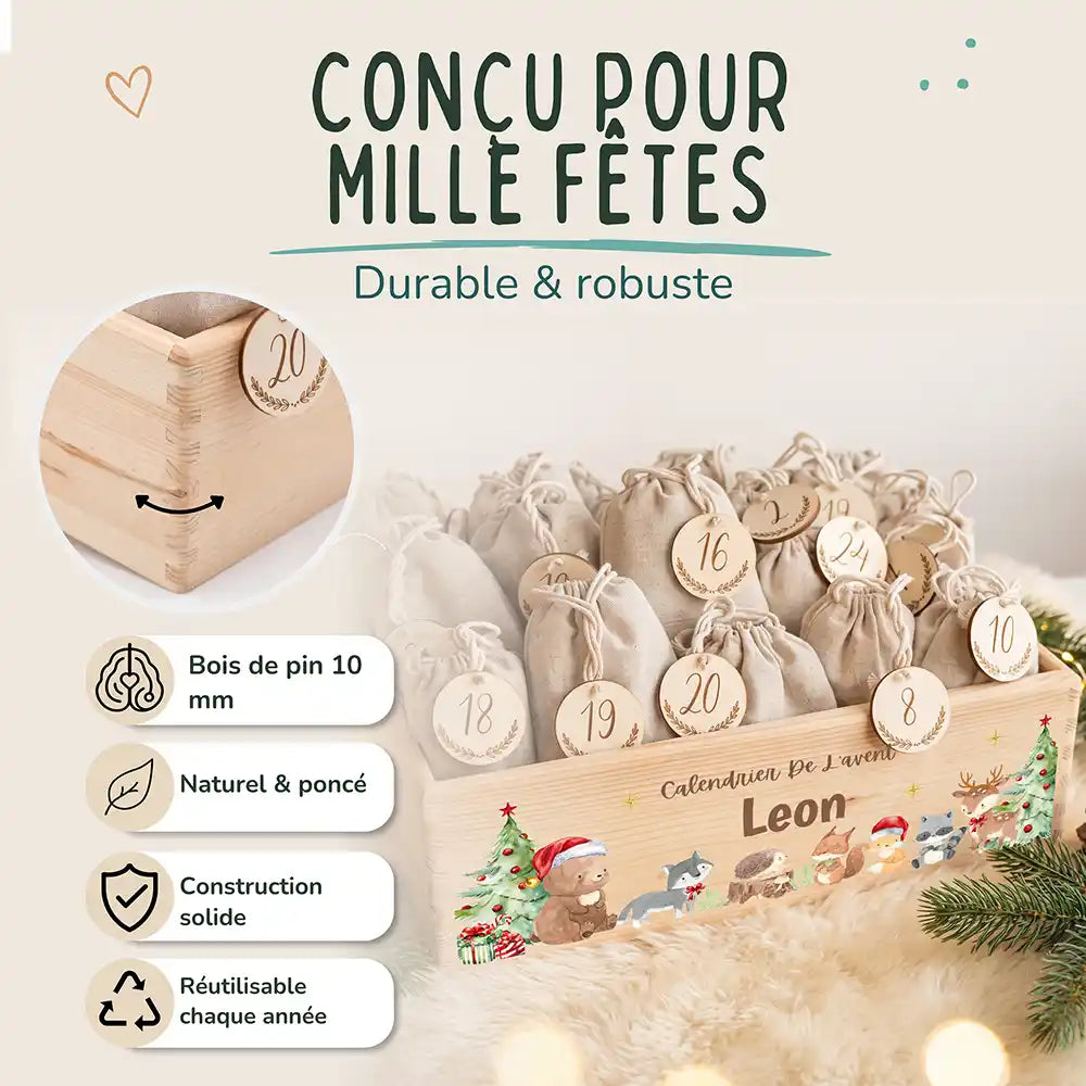 Calendrier de l'avent personnalisé, motif Forêt de Noël — Bois de pin de 10 mm | Kidsmood