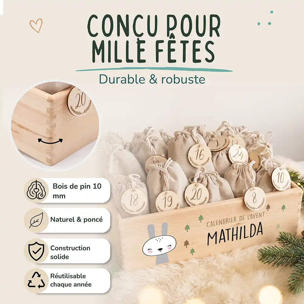 Calendrier de l'avent personnalisé, motif Lapin blanc — Bois de pin de 10 mm | Kidsmood