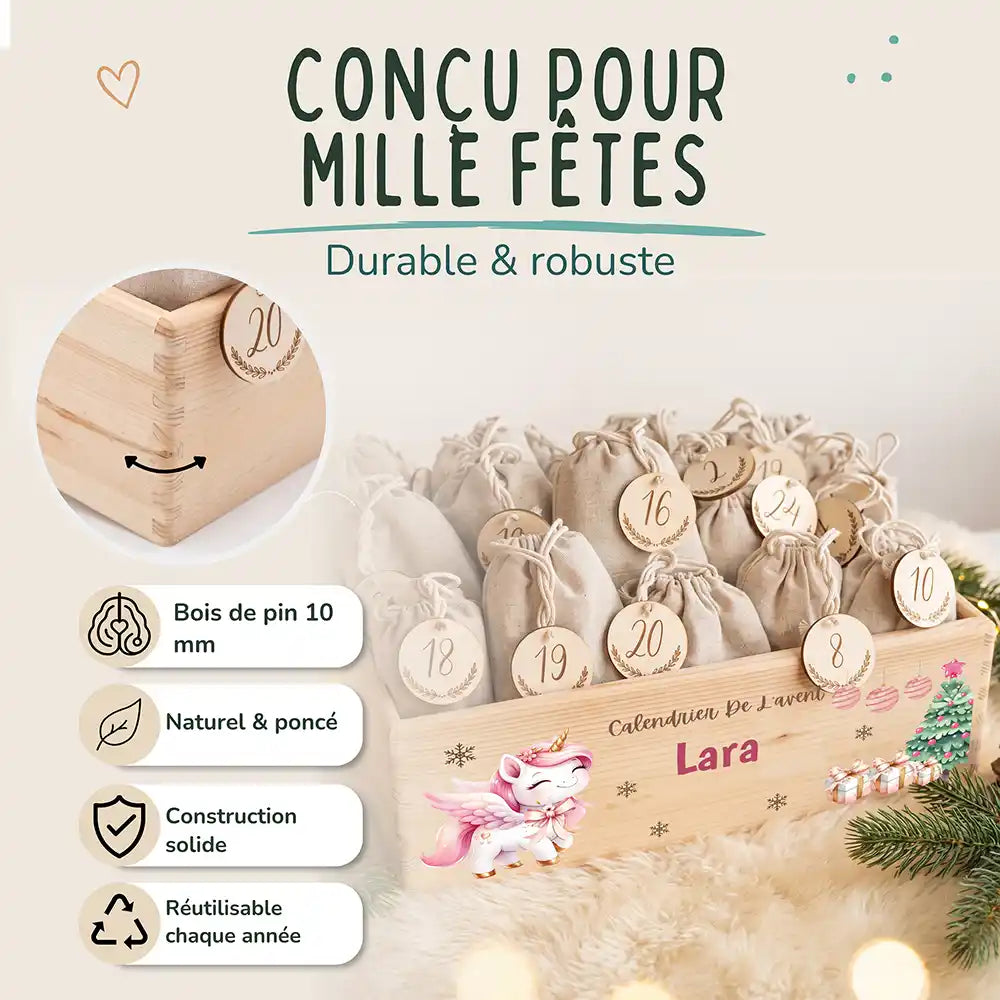 Calendrier de l'avent personnalisé, motif Licorne de Noël — Bois de pin de 10 mm | Kidsmood